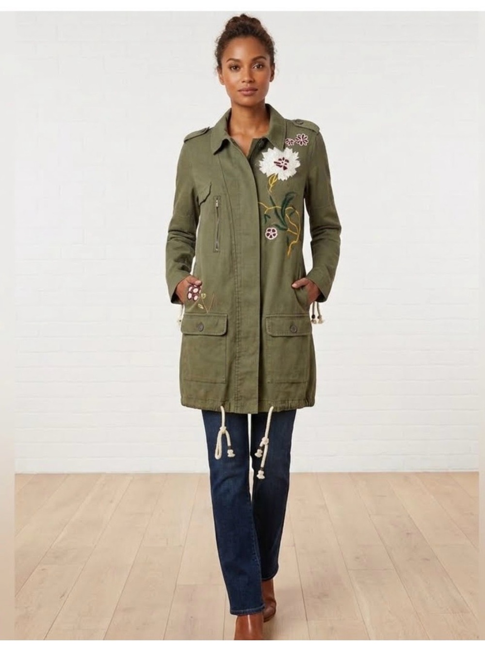 Pol embroidered army green jacket Utility long size Small‎ rope detail